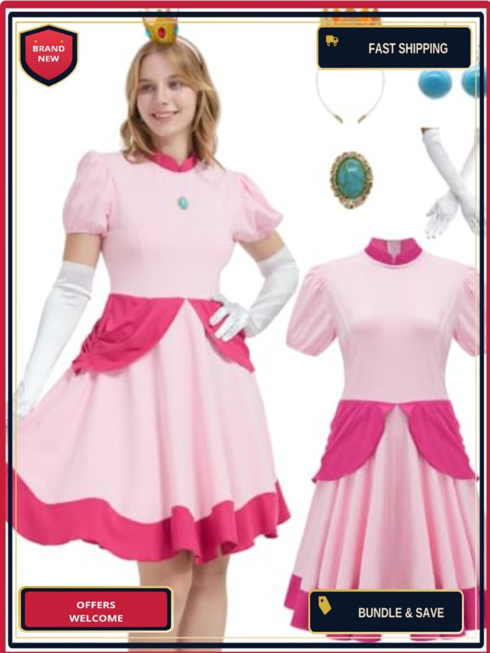 Women's Princess Peach Costume Dress with Crown Gloves Earrings Brooch Adult